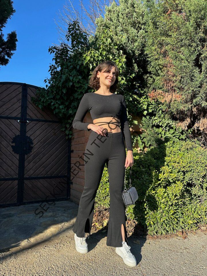 Kadın Paçası Yırtmaç Detaylı Taşlı Bel Bağlamalı Kaşkorse İkili Takım