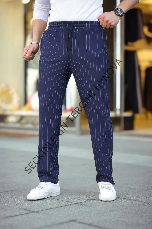 Erkek Cizgili Dokuma Krep Jogger Buggy Pantalon Rahat Kalıp - Lacivert