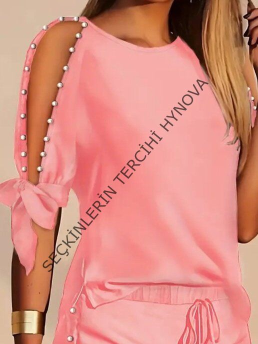 Kadın Kısa Kollu Bisiklet Yaka Yarı Açık Omuz Inci Detaylı Short T-shirt Viskon Ikili Takım