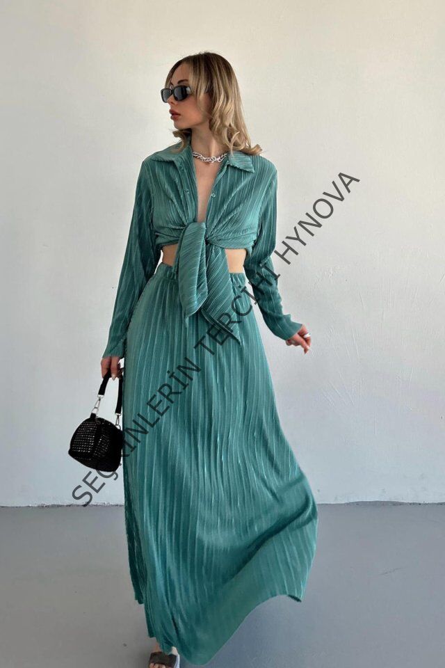 Mint Fitilli Gömlek Ve Uzun Etek Takım