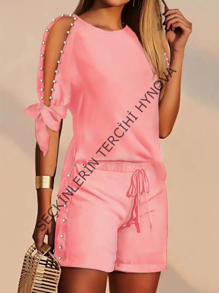 Kadın Kısa Kollu Bisiklet Yaka Yarı Açık Omuz Inci Detaylı Short T-shirt Viskon Ikili Takım