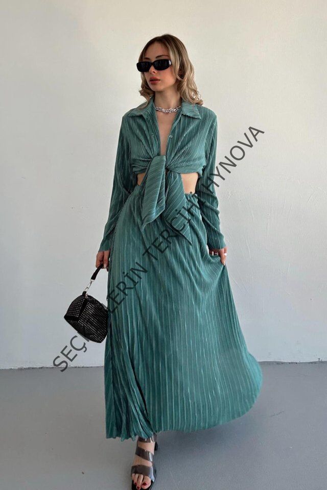 Mint Fitilli Gömlek Ve Uzun Etek Takım