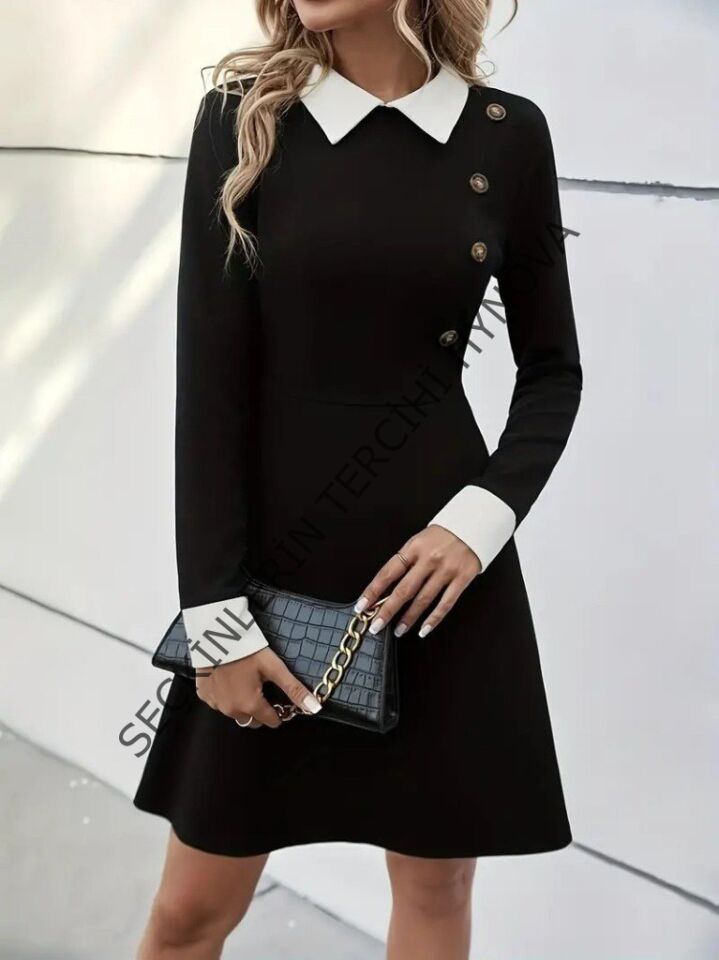 Kadın Uzun Kollu Yakalı Düğmeli Kısa Modal Mini Elbise