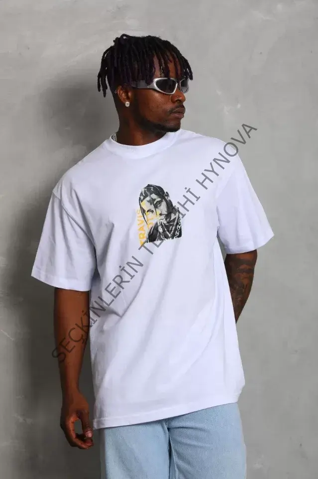 Unisex Oversize Baskılı Bisiklet Yaka T-Shirt - Beyaz