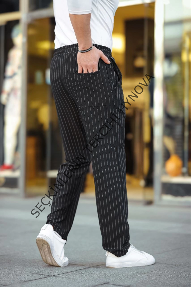 Erkek Cizgili Dokuma Krep Jogger Buggy Pantalon Rahat Kalıp - Siyah