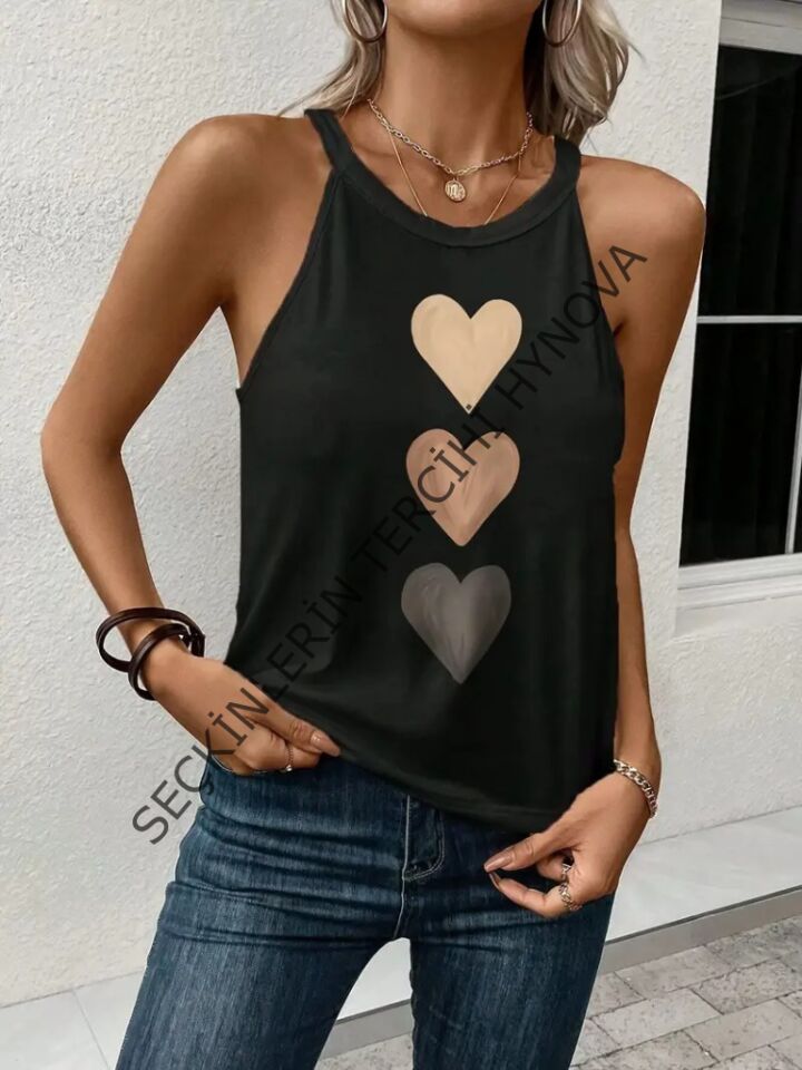 Kadın Omuzlardan Açık Boyundan Askılı Kalp Baskılı Viskon Bluz