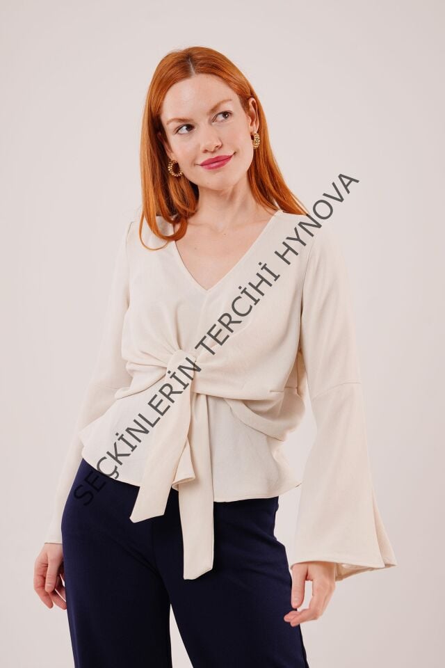 Ön Bağlamalı Volan Kol Ekru Bluz