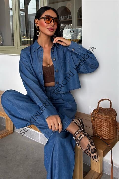 Denim Gömlek Plazzo Pantolon Takım 10163-08