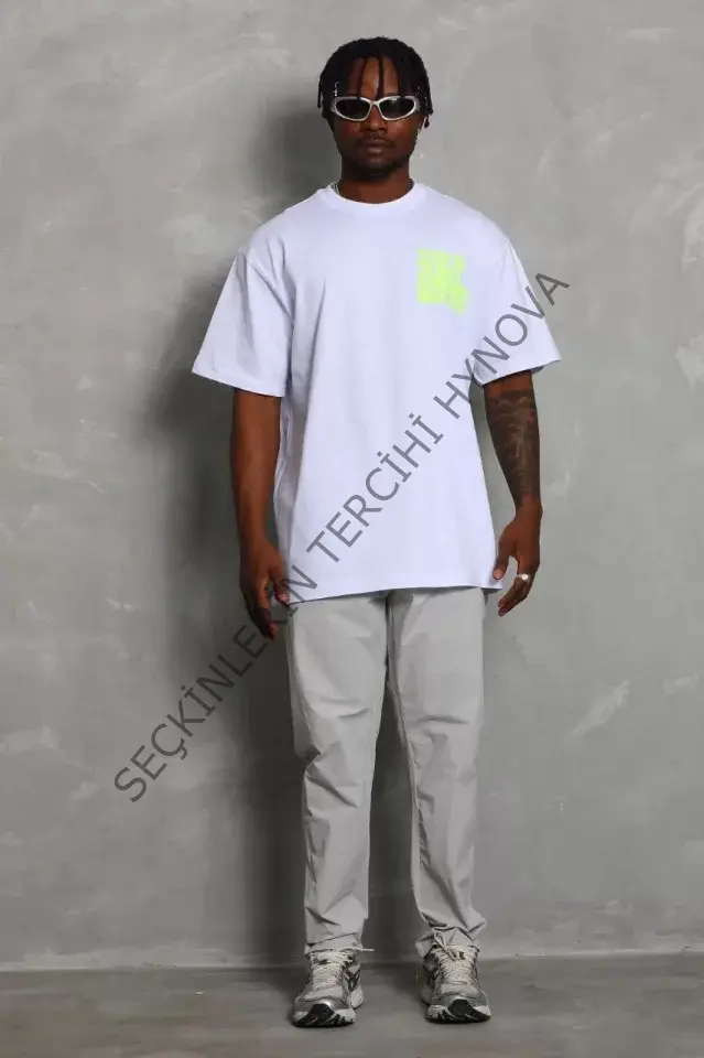 Unisex Oversize Baskılı Bisiklet Yaka T-Shirt - Beyaz