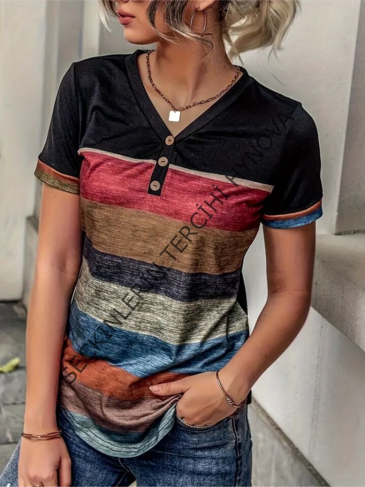 Kadın Kısa Kollu V Yakalı Düğmeli çok Renkli Süprem Bluz