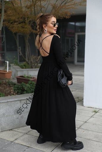 Kadın Kayık Yaka Sırt Dekoltesi Ve Yırtmaç Detay Maxi Boy Elbise