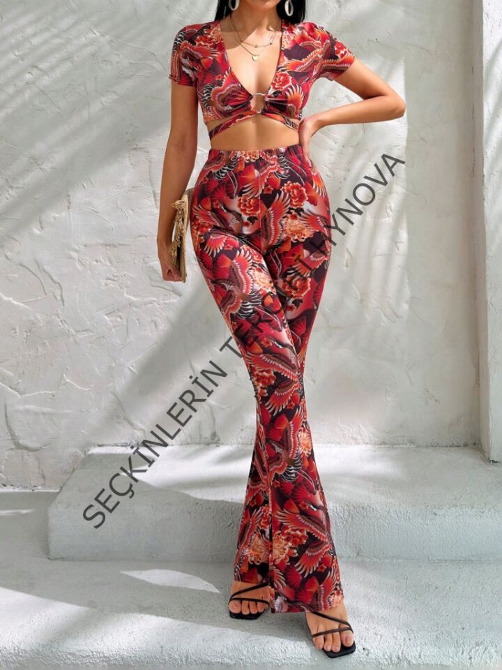 Kadın Kısa Kollu Desenli Takım