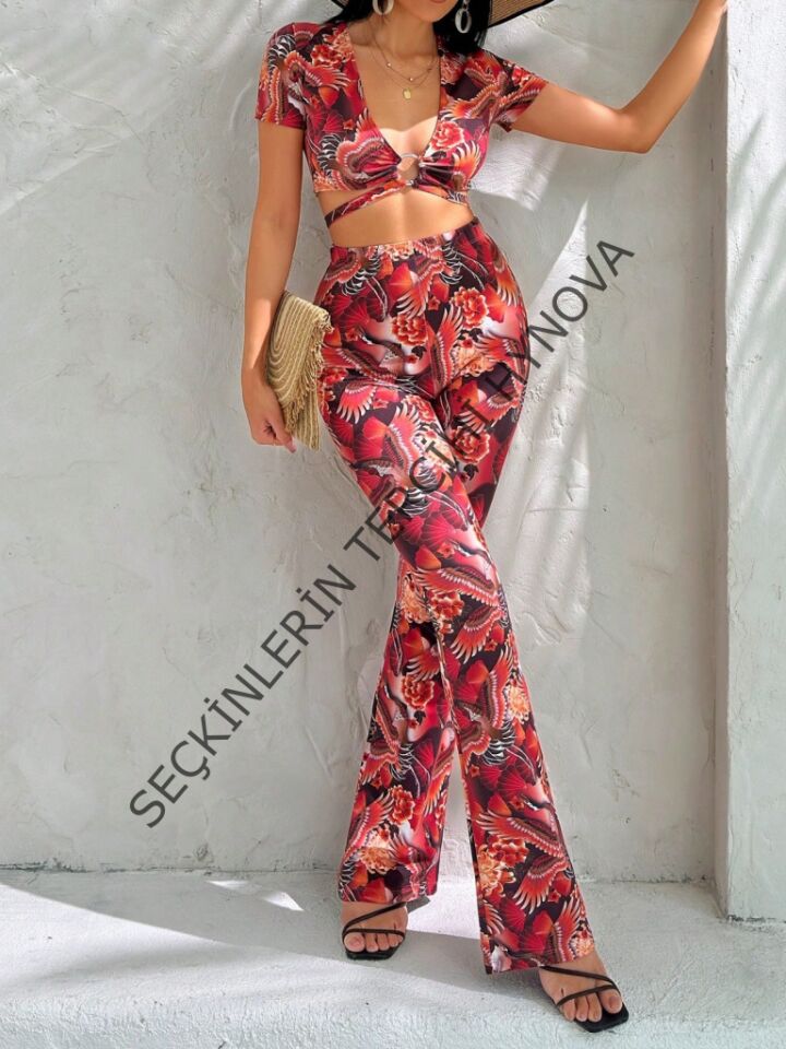 Kadın Kısa Kollu Desenli Takım