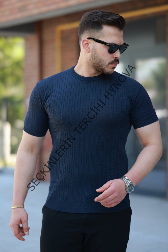 Erkek Bisiklet Yaka örgü Desenli Kısa örme Triko Kısa Kollu T-shirt