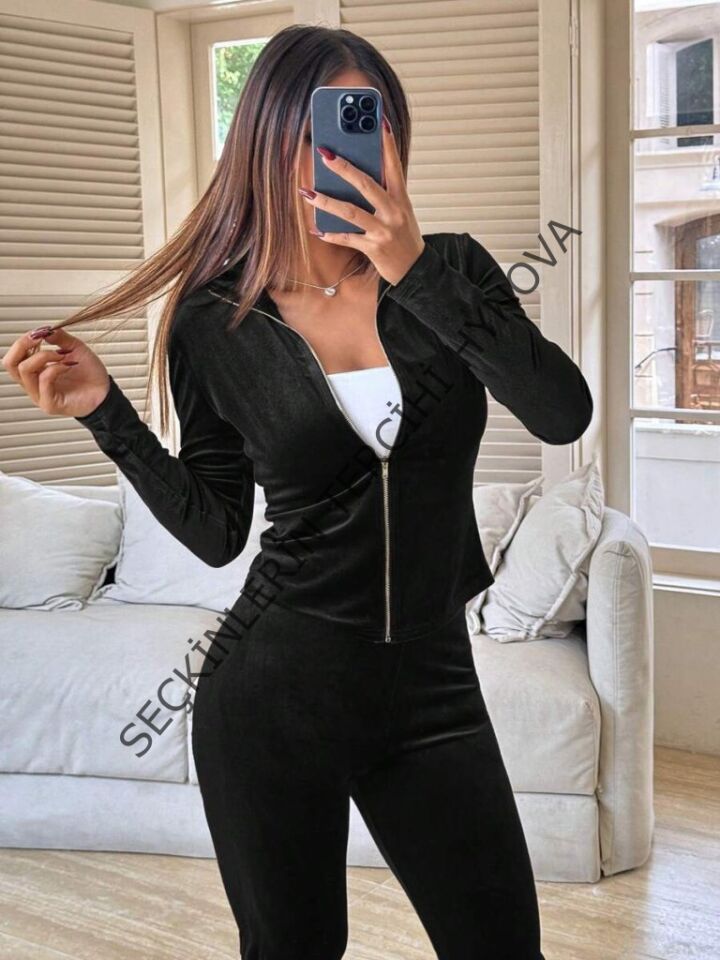 Kadın Uzun Kollu önden Fermuarlı Kadife Bluz Ve Pantolon Ikili Takım