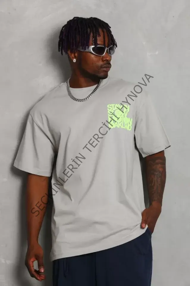 Unisex Oversize Baskılı Bisiklet Yaka T-Shirt - Gri