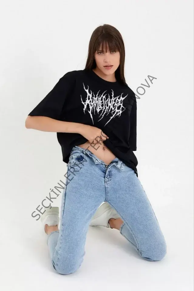 Unisex Bisiklet Yaka Baskılı Oversize T-Shirt - Siyah