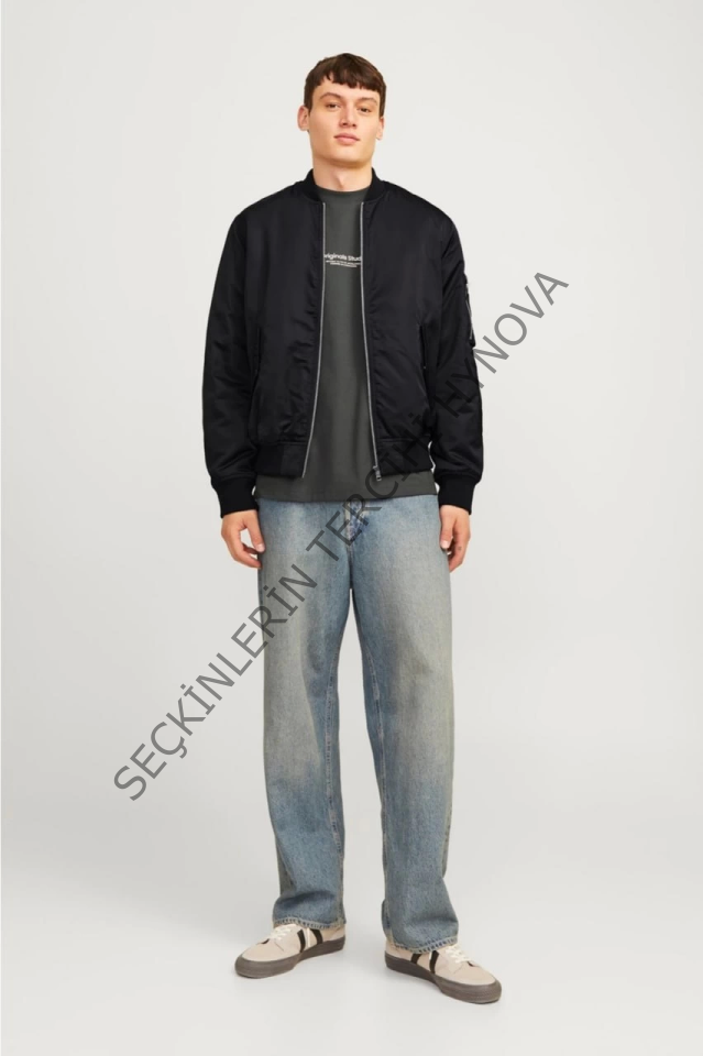 Unisex İçi Astarlı Düz Bomber Ceket - Siyah