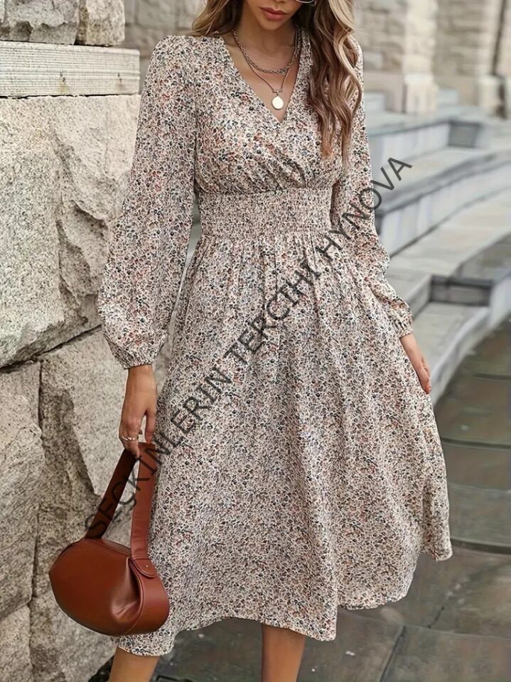 Kadın Uzun Kollu Kruvaze Yaka Beli Lastikli Kiloş Desenli Midi Süprem Elbise