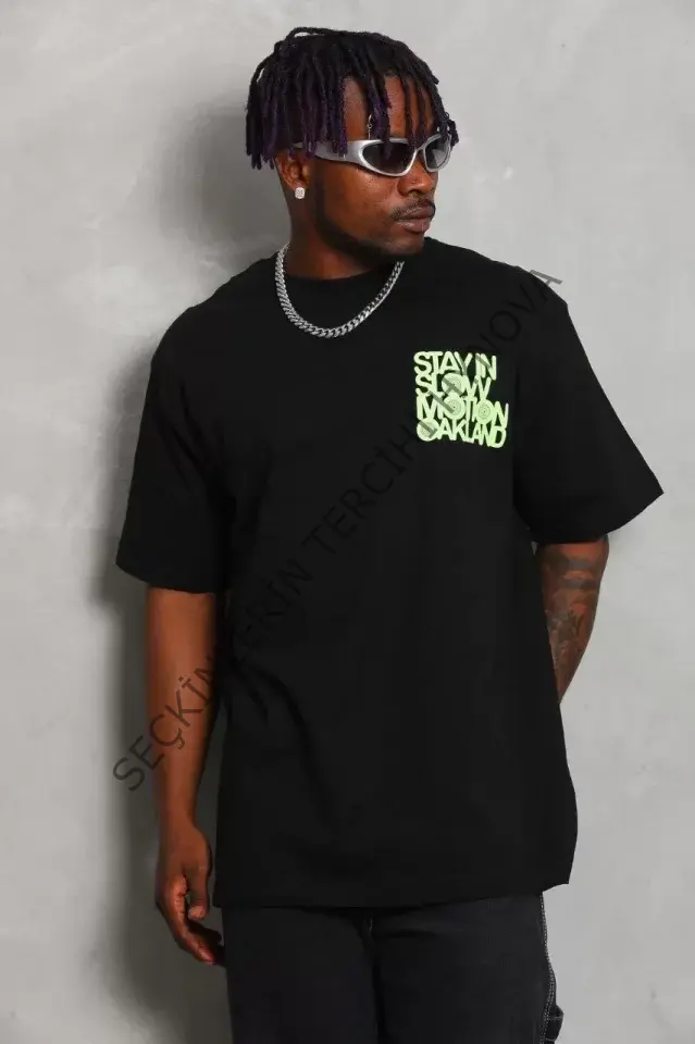 Unisex Oversize Baskılı Bisiklet Yaka T-Shirt - Siyah