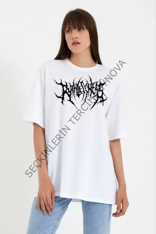 Unisex Bisiklet Yaka Baskılı Oversize T-Shirt - Beyaz