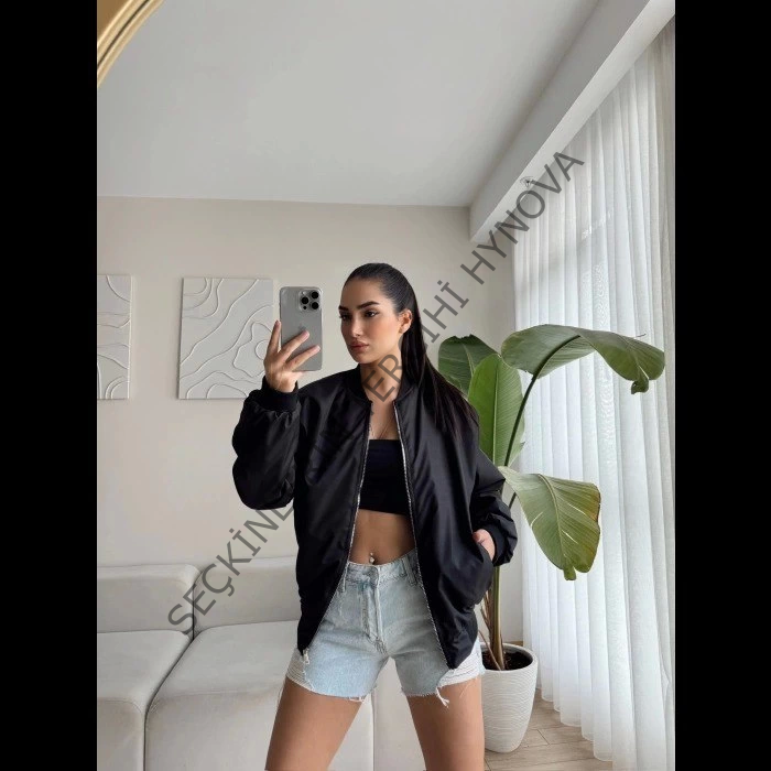 Unisex İçi Astarlı Düz Bomber Ceket - Siyah