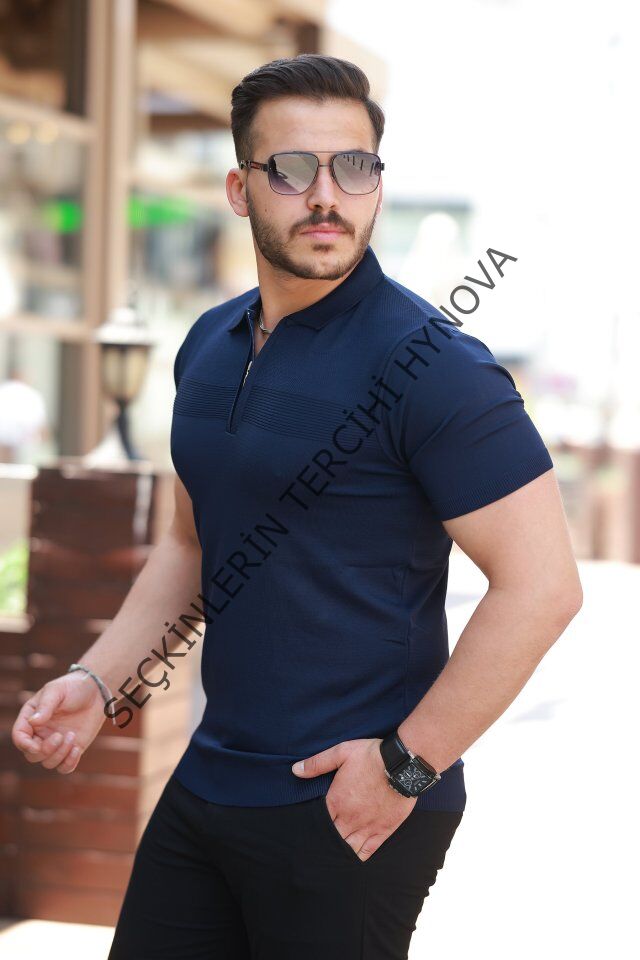 Erkek Göğüs Pirinç Desenli Fermuar Yakalı Kısa Kollu Tişört