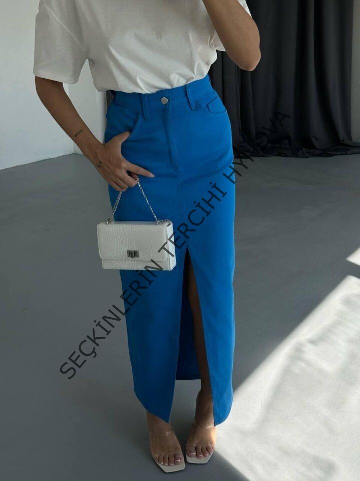 GABARDİN UZUN ÖNDEN YIRTMAÇLI ETEK - Saks