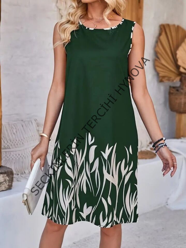 Kadın Askılı Yuvarlak Yakalı Yaprak Desenli Dalgıç Elbise