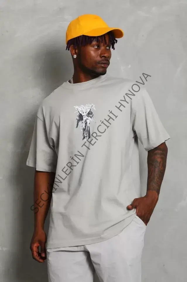 Unisex Oversize Baskılı Bisiklet Yaka T-Shirt - Gri
