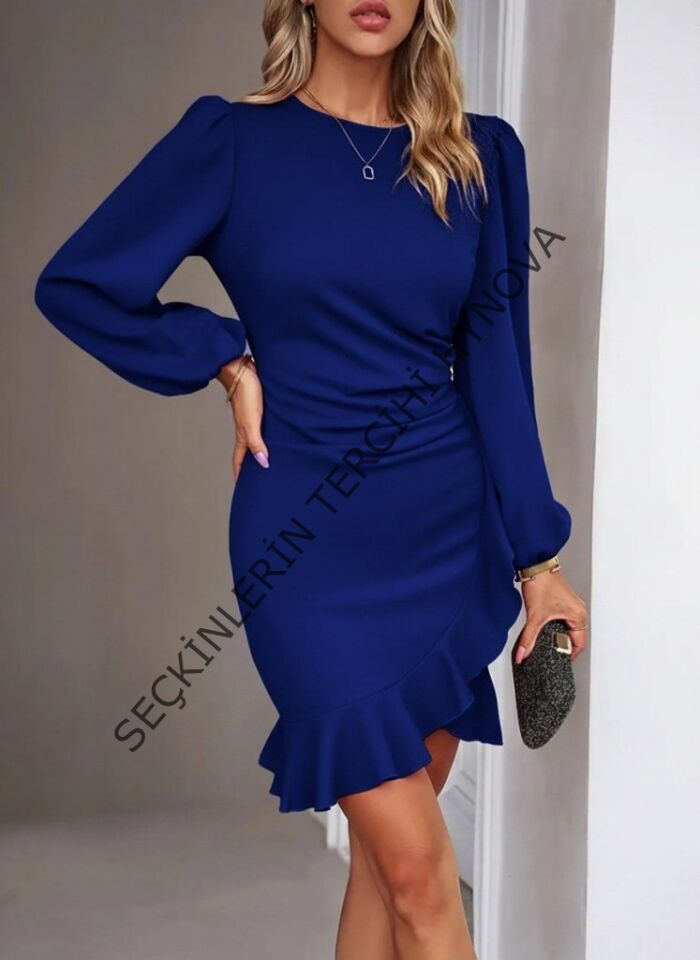 Kadın Uzun Kollu Bisiklet Yaka önden Volanlı Ithal Krep Elbise