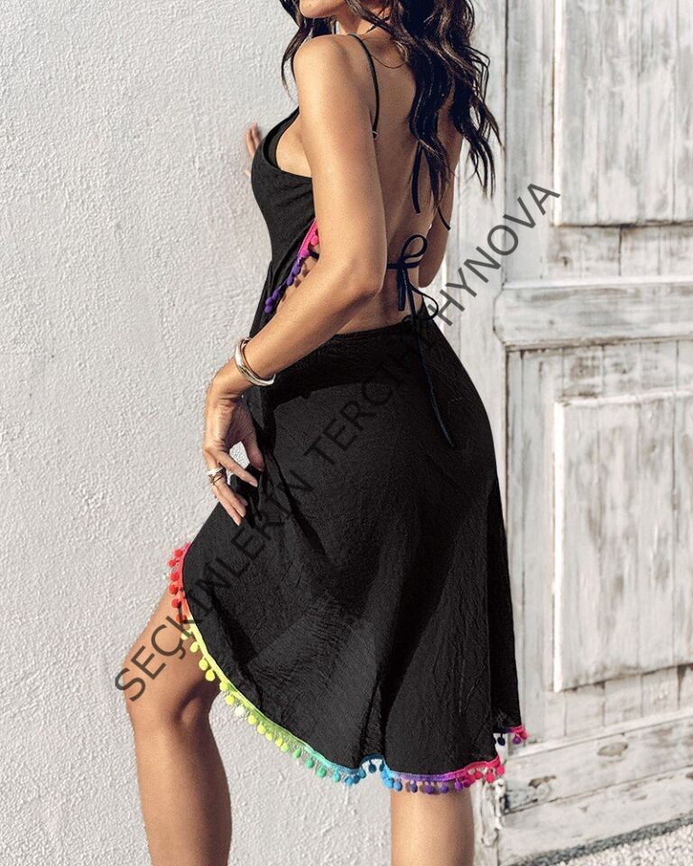 Kadın Askılı Derin V Yakalı çapraz Geçmeli Ponponlu Bürümcük Pareo