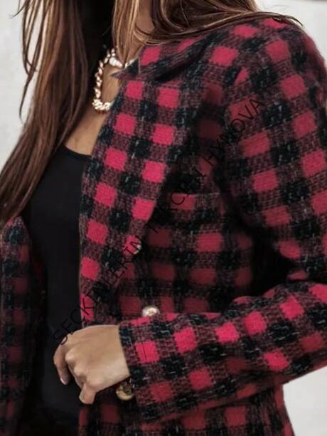 Kadın Uzun Kollu Yakalı Kare Desenli Ekoseli Düğmeli Ceket