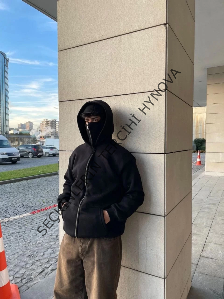 Samuray Ninja Çift Kapşonlu ZIP Fermuarlı Kanguru Çepli Tam Fermuarlı Hoodie Swetshirt - Siyah