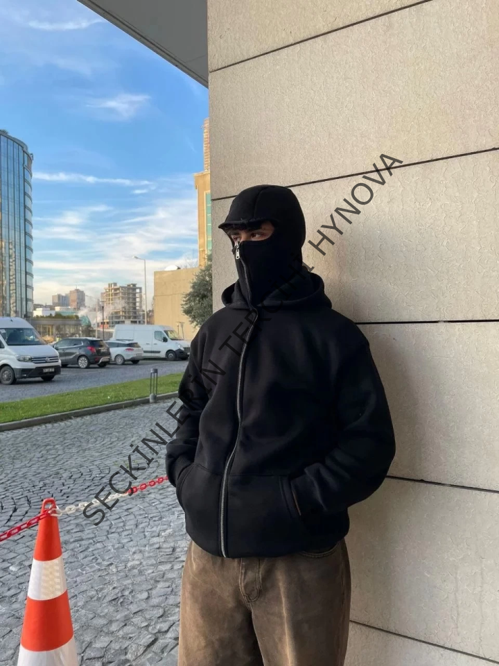 Samuray Ninja Çift Kapşonlu ZIP Fermuarlı Kanguru Çepli Tam Fermuarlı Hoodie Swetshirt - Siyah