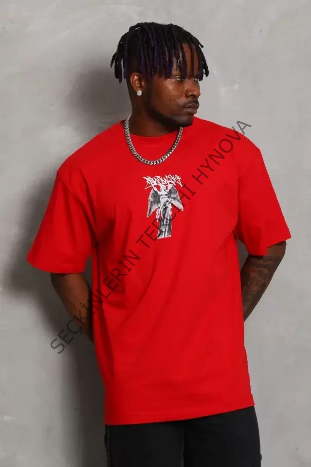 Unisex Oversize Baskılı Bisiklet Yaka T-Shirt - Kırmızı