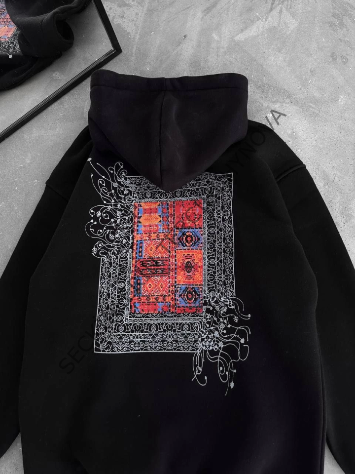 Uzun Kol Kapşonlu Ön Ve Arka Baskılı SweatShirt - Siyah