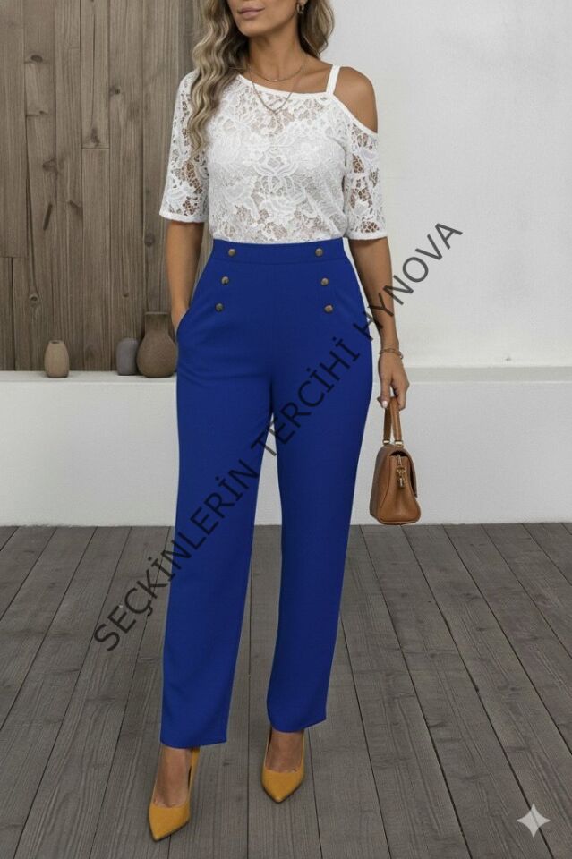 Kadın Düğme Detay Bol Paça Ithal Krep Pantolon