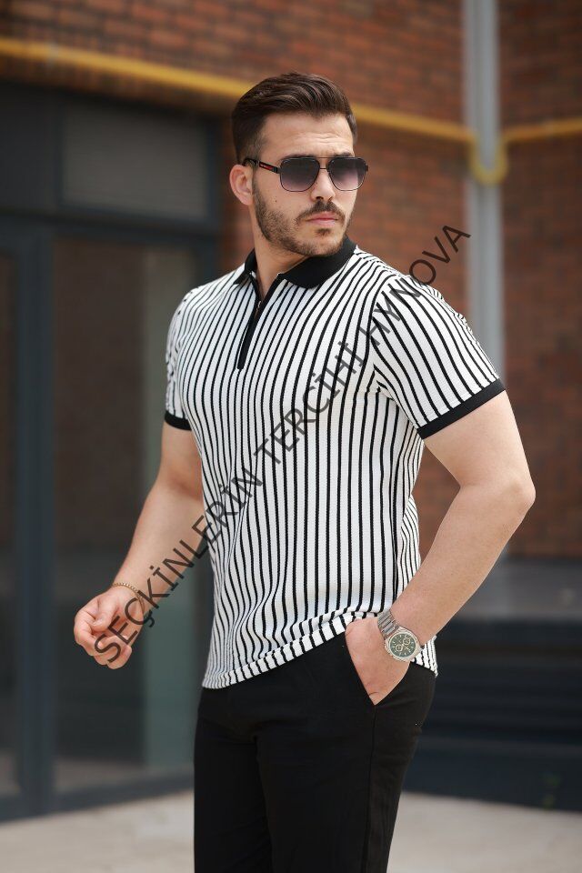 Erkek çizgili Fermuar Yakalı Kısa Kollu Tişört