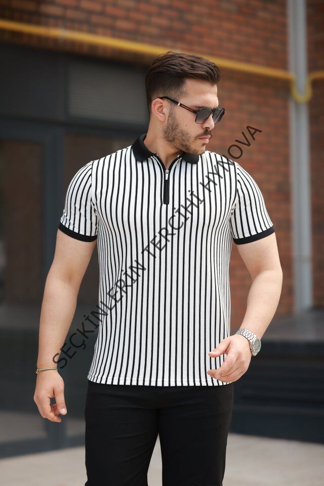 Erkek çizgili Fermuar Yakalı Kısa Kollu Tişört