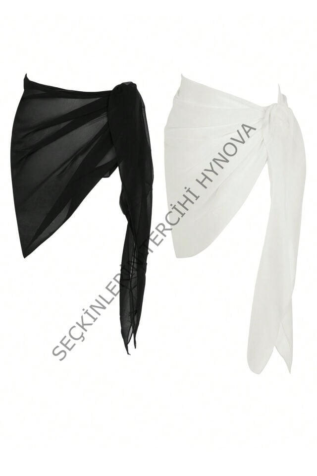 Kadın Siyah Beyaz Transparan Belden Bağlamalı Pareo 2'li – Modern ve Şık Tasarım
