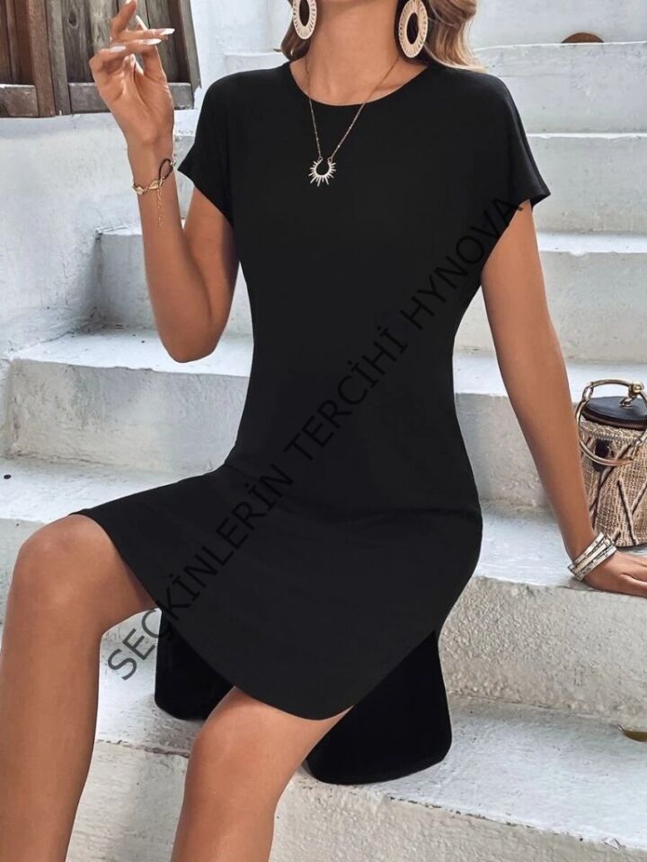 Kadın Kısa Kollu Bisiklet Yaka Viskon Iki Iplik Elbise