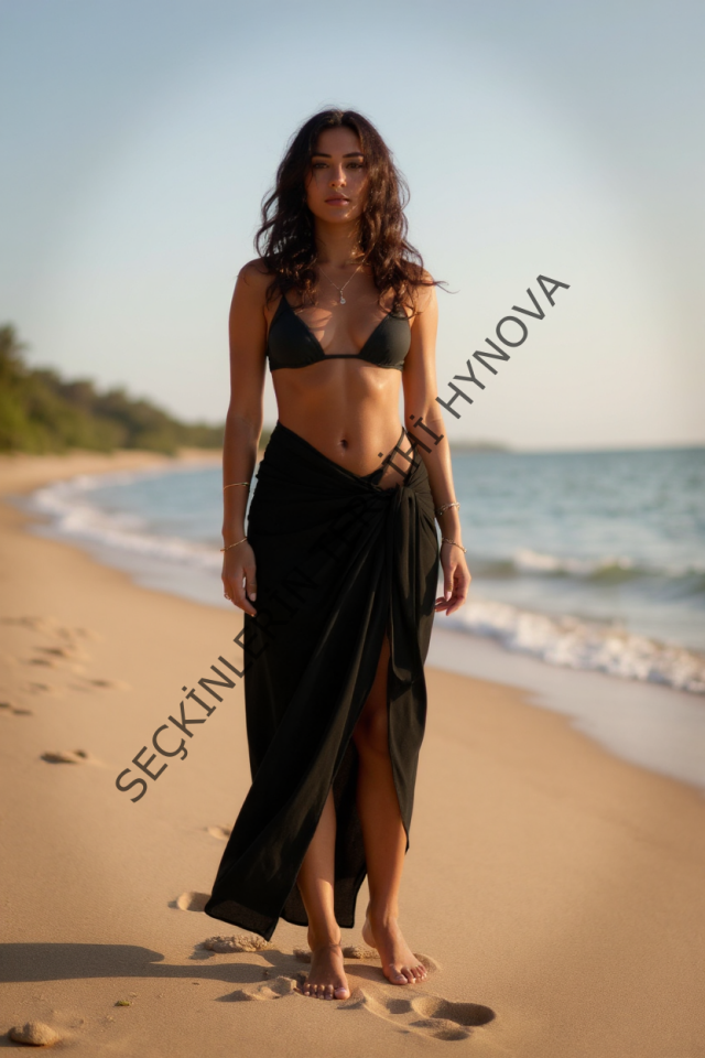 Kadın Siyah Bodrum Stili Bağlama Detaylı 150x75 Pareo – Modern ve Şık Tasarım