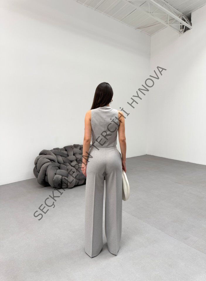 Toskana Çi̇zgi̇li̇ Kruvaze Yaka Tek Düğmeli̇ Yelek Pantolon Takim