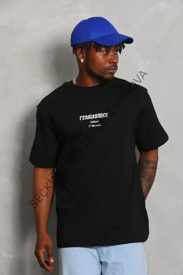 Unisex Oversize Baskılı Bisiklet Yaka T-Shirt - Siyah