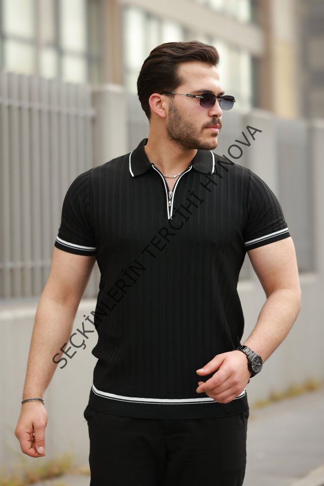 Erkek Fermuarlı Yakalı Kısa Kollu T-shirt