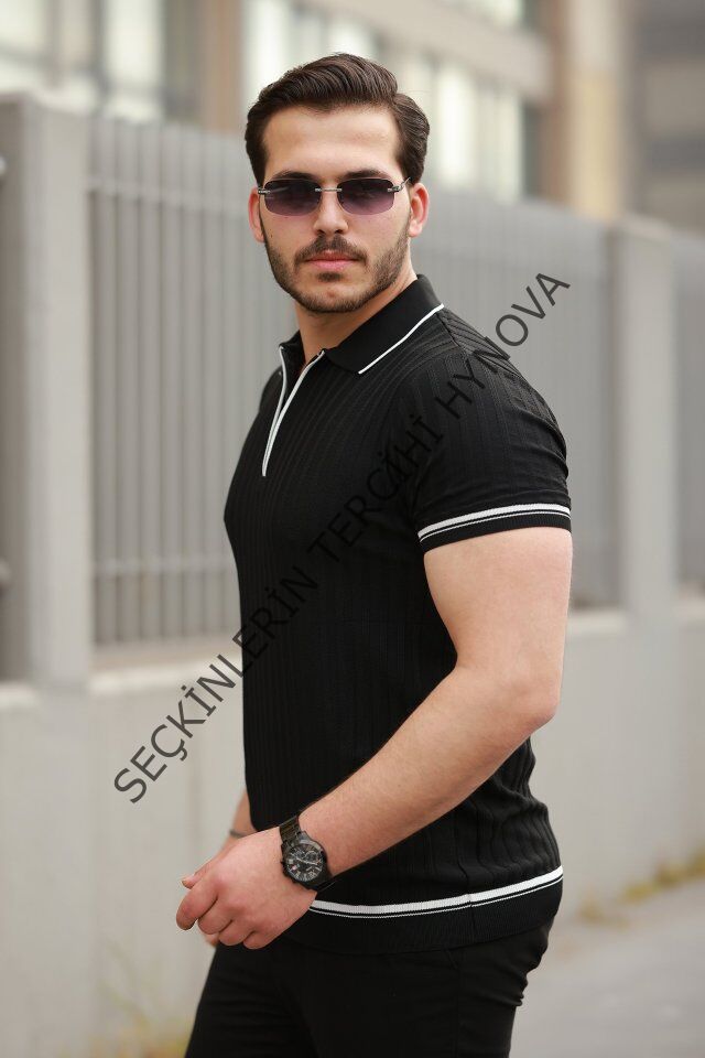 Erkek Fermuarlı Yakalı Kısa Kollu T-shirt