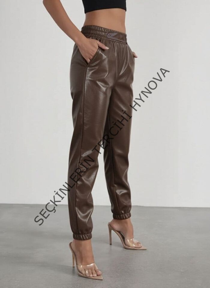 Kadın Yüksek Bel Lastikli önü Düğmeli Deri Pantolon