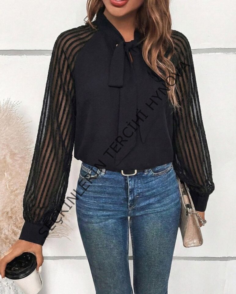 Kadın Uzun Kollu Reglan Kol Detaylı Tüllü Yakadan Bağlamalı Sandy Bluz