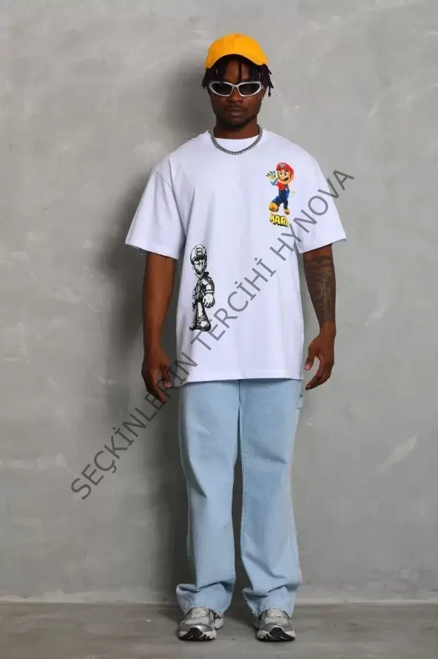 Unisex Oversize Baskılı Bisiklet Yaka T-Shirt - Beyaz